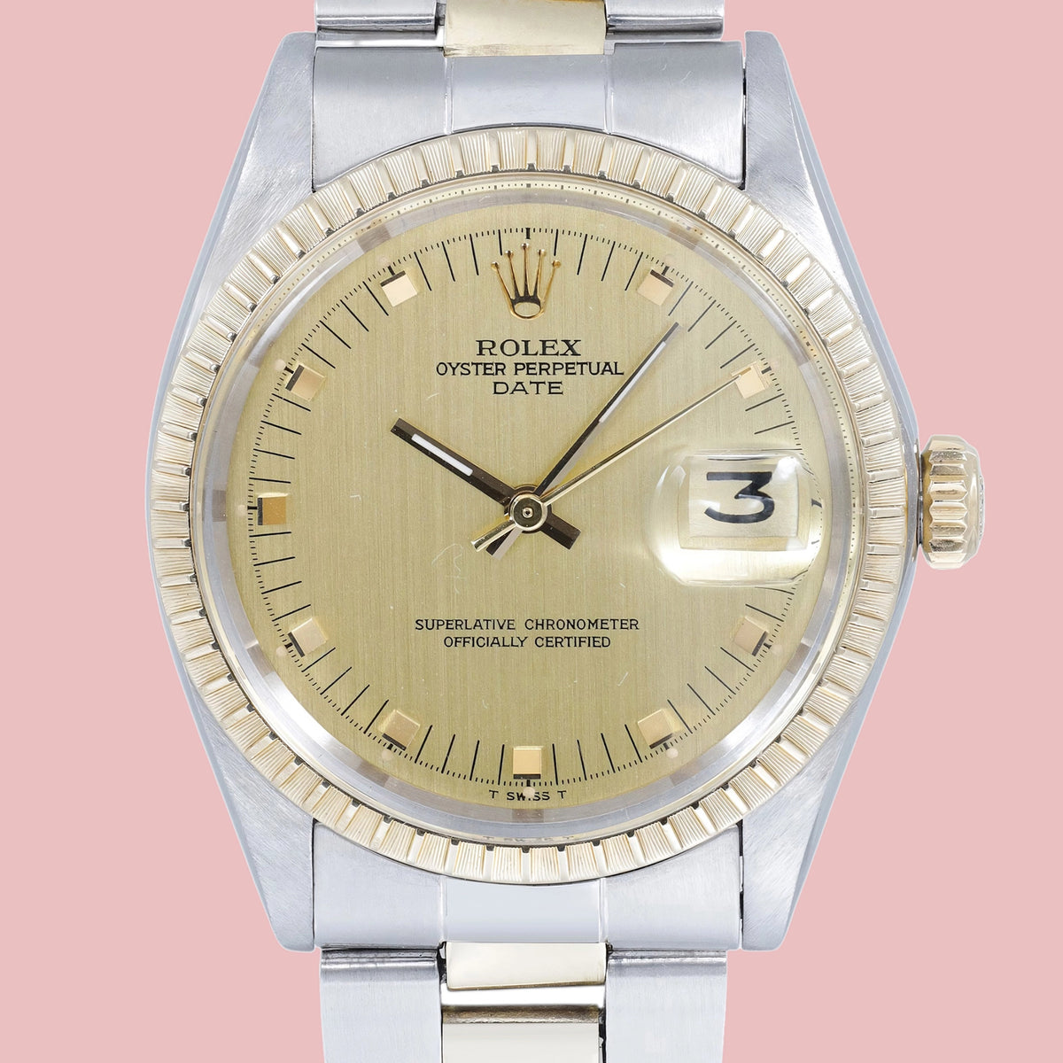 Rolex Date 34 1505 Champagne Stick Dial on Oyster 1973