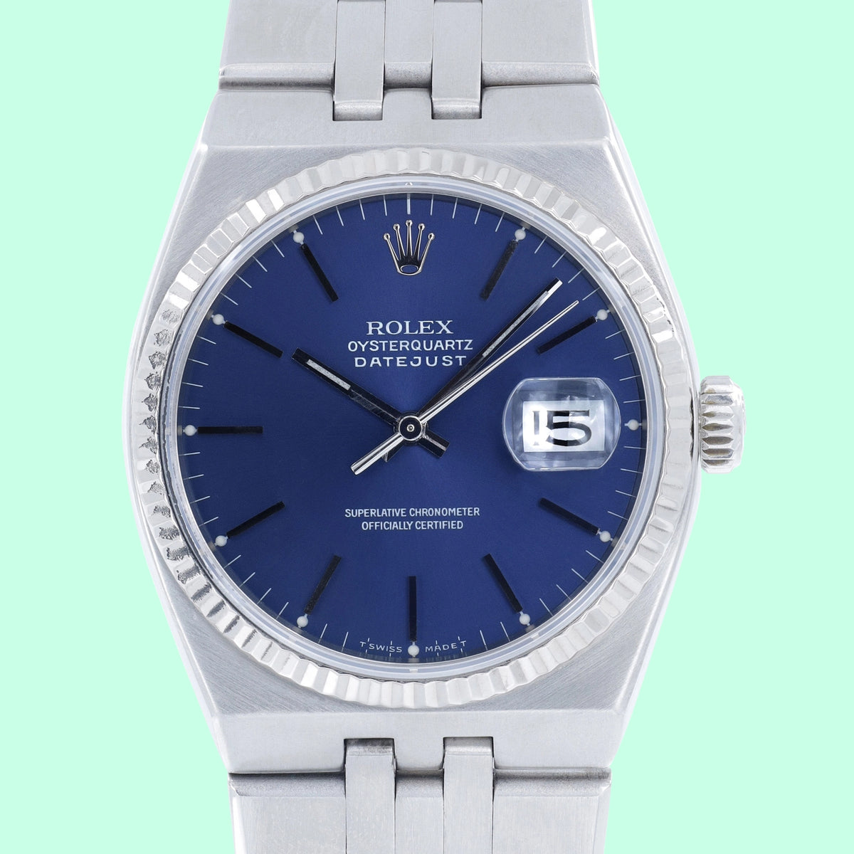 Rolex Datejust Oysterquartz 17014 Blue Dial on Stainless Steel Open Date