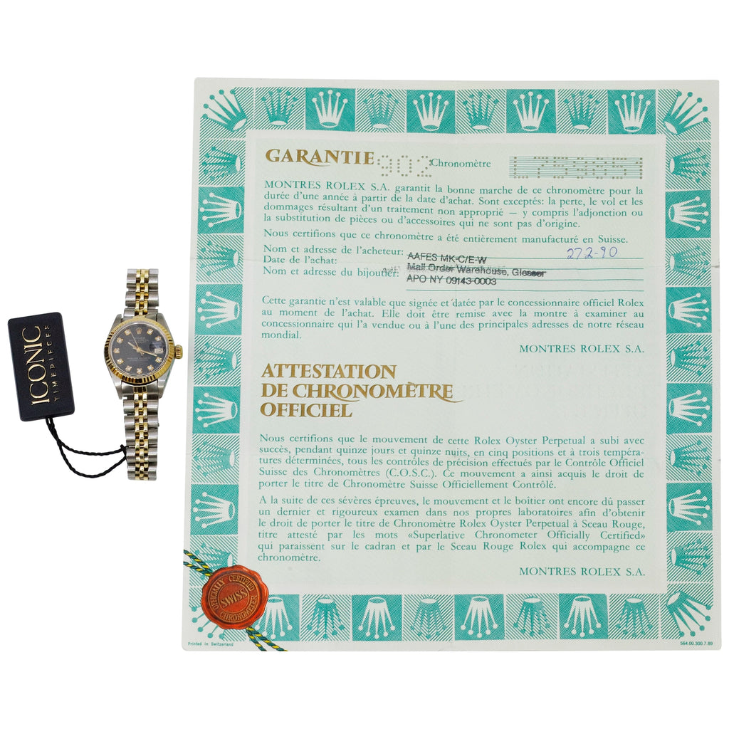 Rolex Datejust Lady 69173 Black Diamond Dial on Jubilee 1990