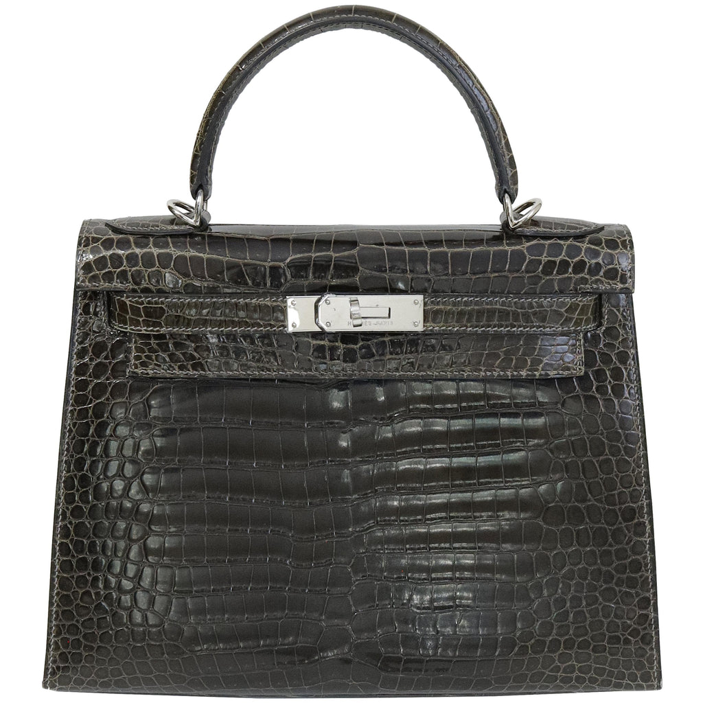 Hermès Kelly 28 Graphite Shiny Porosus Crocodile Palladium Hardware 2002