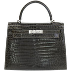 Hermès Kelly 28 Graphite Shiny Porosus Crocodile Palladium Hardware 2002