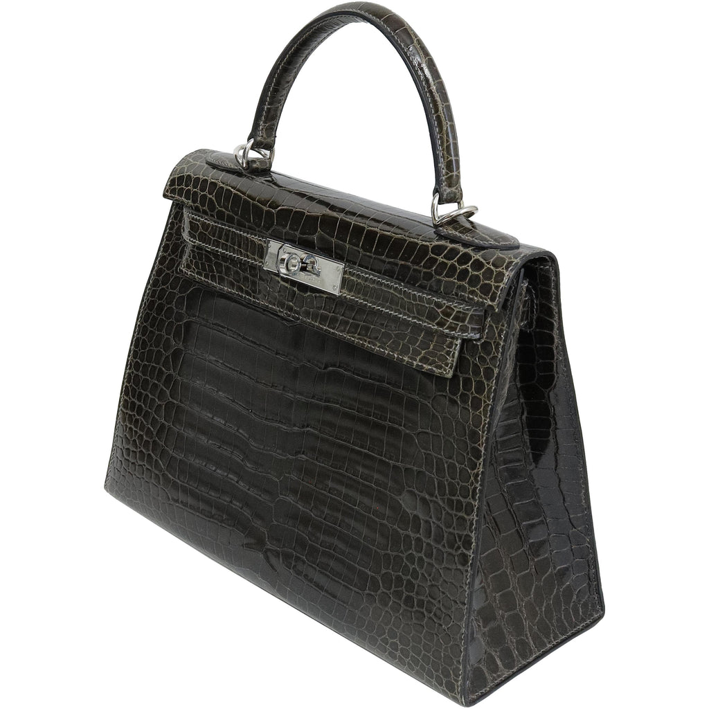 Hermès Kelly 28 Graphite Shiny Porosus Crocodile Palladium Hardware 2002