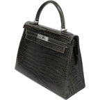 Hermès Kelly 28 Graphite Shiny Porosus Crocodile Palladium Hardware 2002