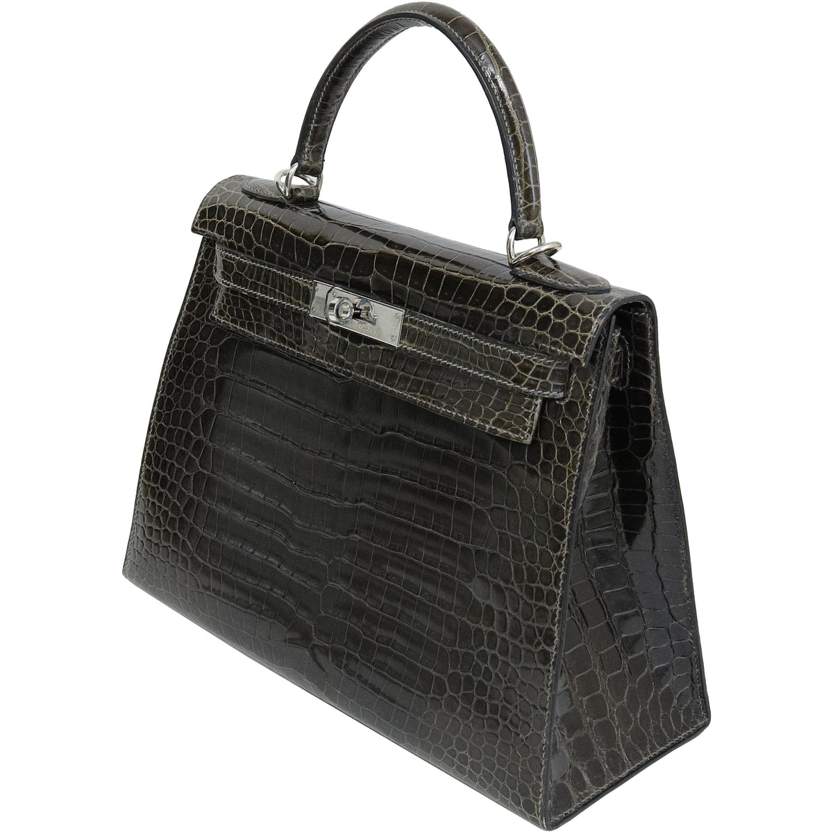 Hermès Kelly 28 Graphite Shiny Porosus Crocodile Palladium Hardware 2002