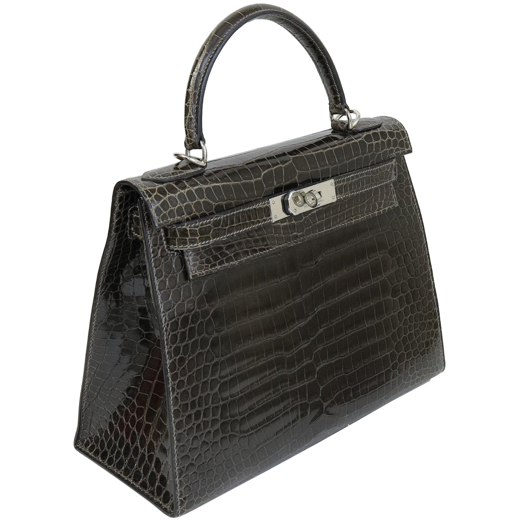 Hermès Kelly 28 Graphite Shiny Porosus Crocodile Palladium Hardware 2002