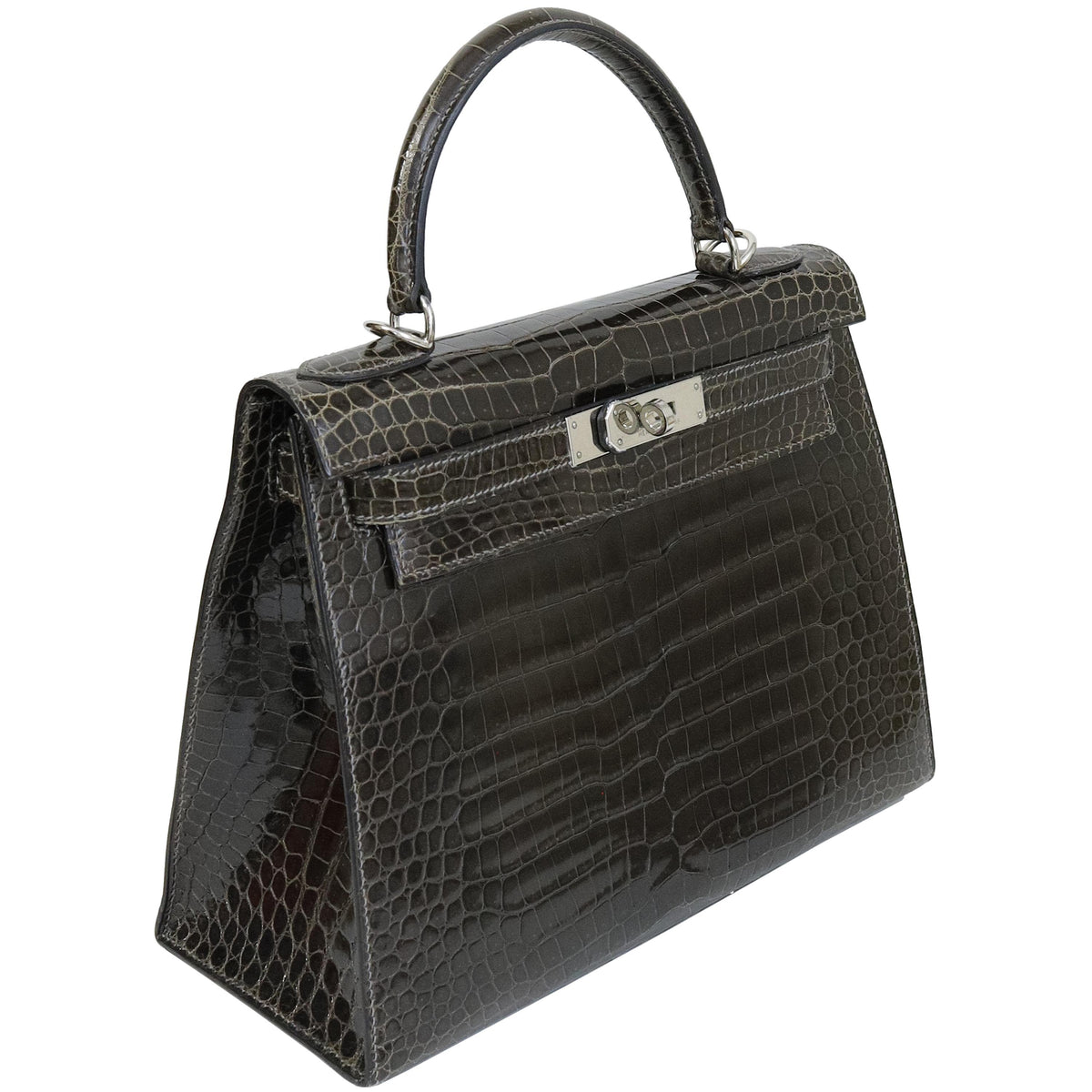 Hermès Kelly 28 Graphite Shiny Porosus Crocodile Palladium Hardware 2002