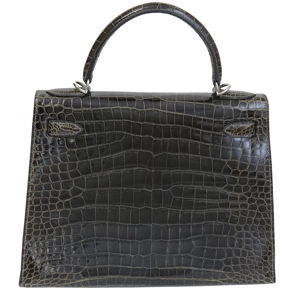 Hermès Kelly 28 Graphite Shiny Porosus Crocodile Palladium Hardware 2002
