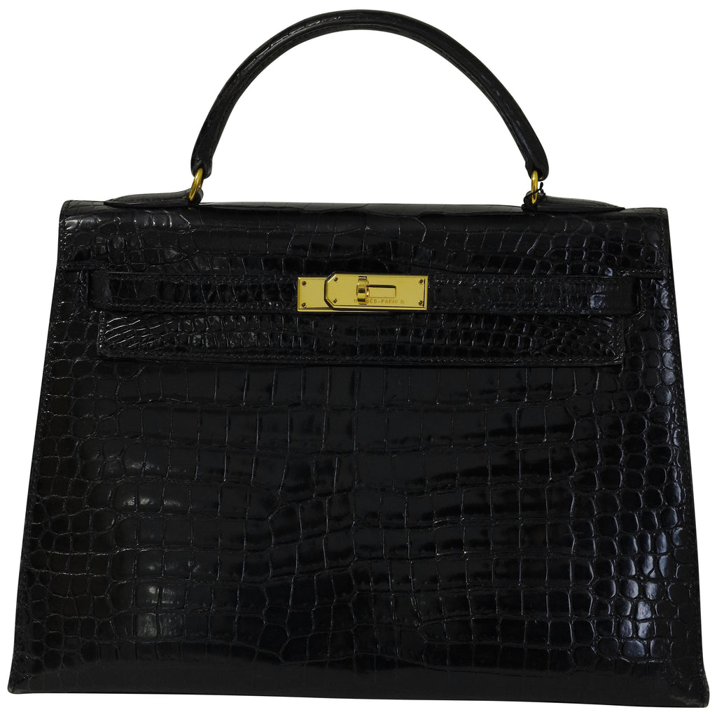 Hermès Kelly 32 Noir Shiny Porosus Crocodile Gold Hardware 2014