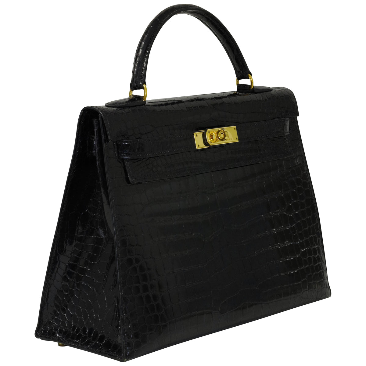 Hermès Kelly 32 Noir Shiny Porosus Crocodile Gold Hardware 2014
