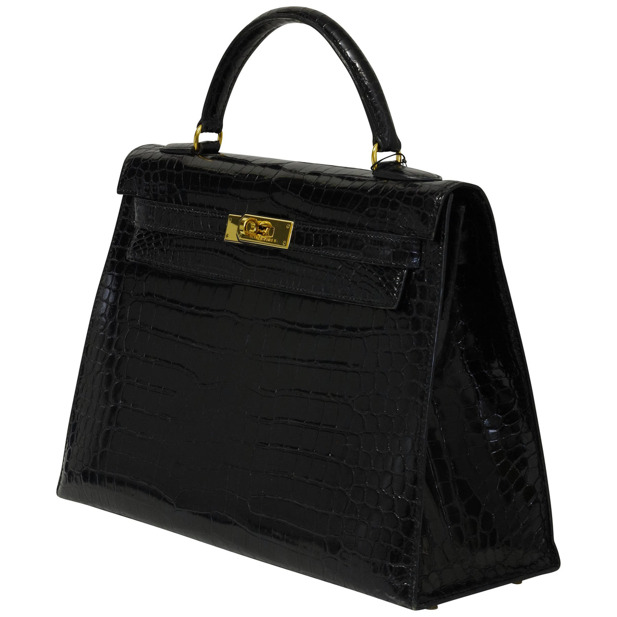 Hermès Kelly 32 Noir Shiny Porosus Crocodile Gold Hardware 2014