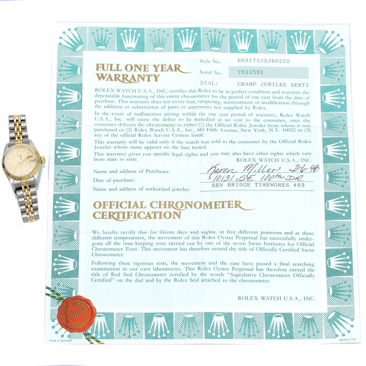 Rolex Lady-Datejust 69173 Champagne Dial on Jubilee 1998